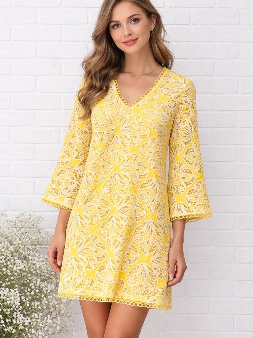 Boston Proper Lemon Drop Yellow  Lace V‑Neck Shift Dress Size 12